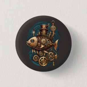 Badge Rond 2,50 Cm Steampunk Poisson Vintage style rétro
