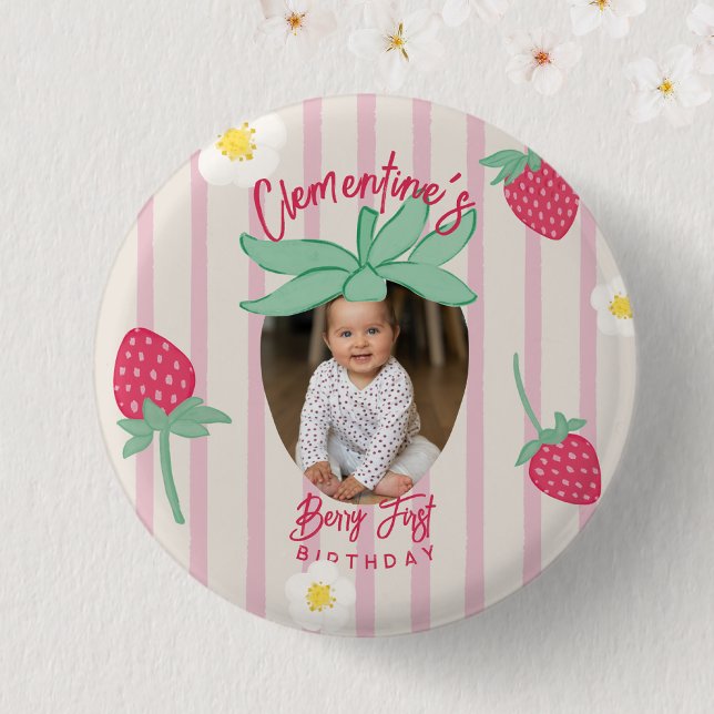 Badge Rond 2,50 Cm Strawberry Berry First Birthday Button with Photo (Créateur téléchargé)
