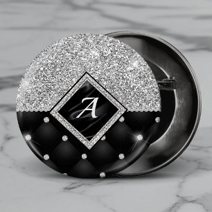Badge Rond 2,50 Cm Stylé faux cristal argent diamant noir monogramme