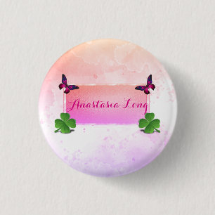 Badge Rond 2,50 Cm Stylish moderne, Pink Buterfly, Green Clover