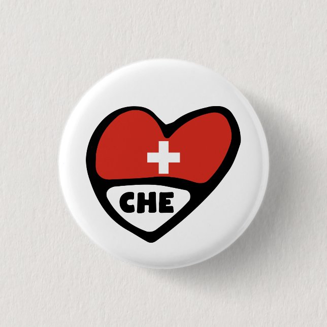 Badge Rond 2,50 Cm Suisse Code Pays Drapeau Insigne Cardiaque, CHE (Devant)