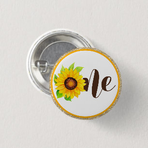 Badge Rond 2,50 Cm Sunflower & Gold ONE Baby Girl 1er anniversaire
