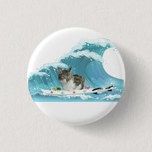 Badge Rond 2,50 Cm Surf Kitty Grey Tabby roule à la vague