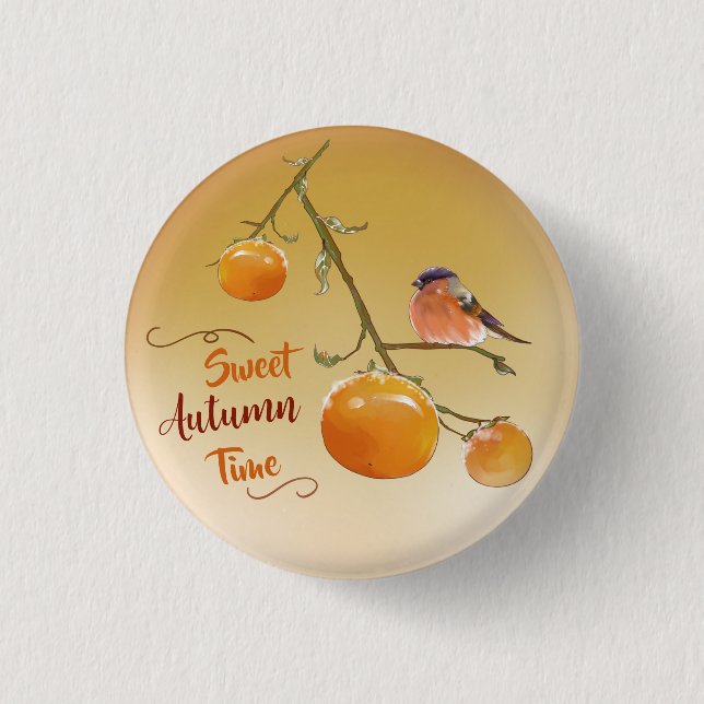 Badge Rond 2,50 Cm Sweet automne Orange Persimmon Fruits & Oiseau (Devant)