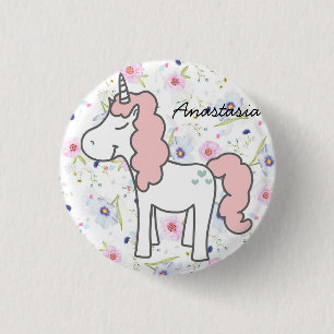 Badge Rond 2,50 Cm Sweet Pink Unicorn, Flowers and your name