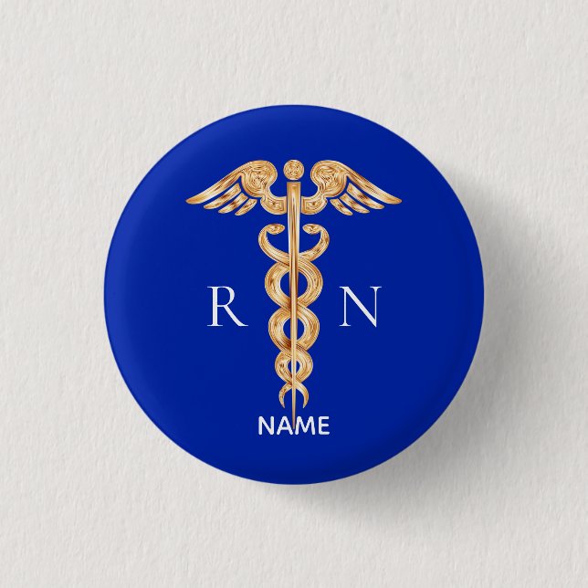 Badge Rond 2,50 Cm Symbole de caducée doré et monogramme d'infirmière (Devant)