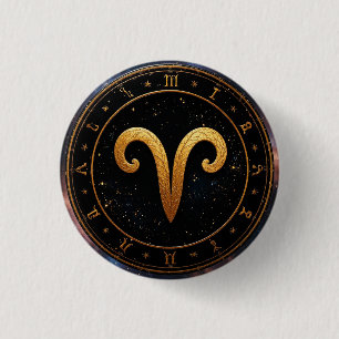 Badge Rond 2,50 Cm Symbole de la Roue du Zodiaque du Bélier Doré
