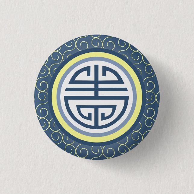 Badge Rond 2,50 Cm Symbole de longévité chinois Shou - bleu et jaune (Devant)