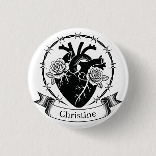 Badge Rond 2,50 Cm Tatouage de cœur anatomique : dessin en noir et bl