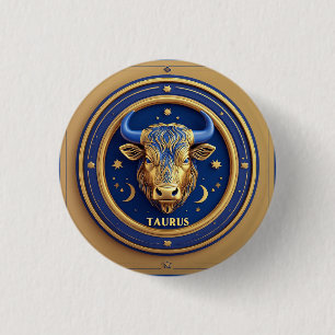 Badge Rond 2,50 Cm Taureau doré dans un cercle zodiacal cosmique