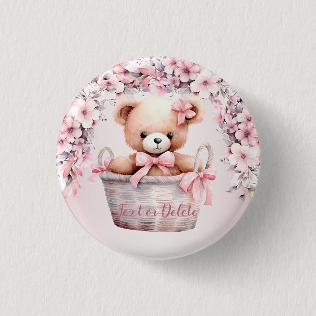 Badge Rond 2,50 Cm Teddy Bear Baby Girl Fleurs roses Soirée Élégante (Devant)