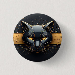 Badge Rond 2,50 Cm Tête de chat noir avec design à gouttes d'or 🐈
