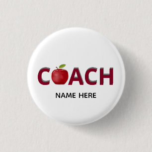 Badge Rond 2,50 Cm Texte Coach en bordeaux avec pomme rouge
