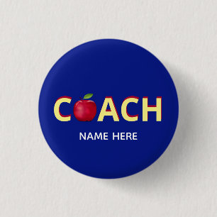 Badge Rond 2,50 Cm Texte de coach avec pomme rouge sur fond bleu
