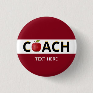 Badge Rond 2,50 Cm Texte de coach avec pomme sur bouton bordeaux