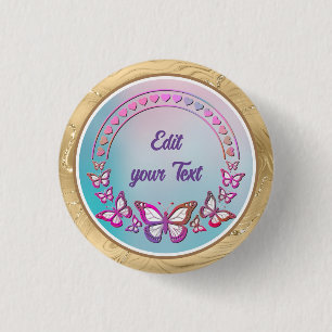 Badge Rond 2,50 Cm Texte personnalisé, papillons et monogramme de cœu
