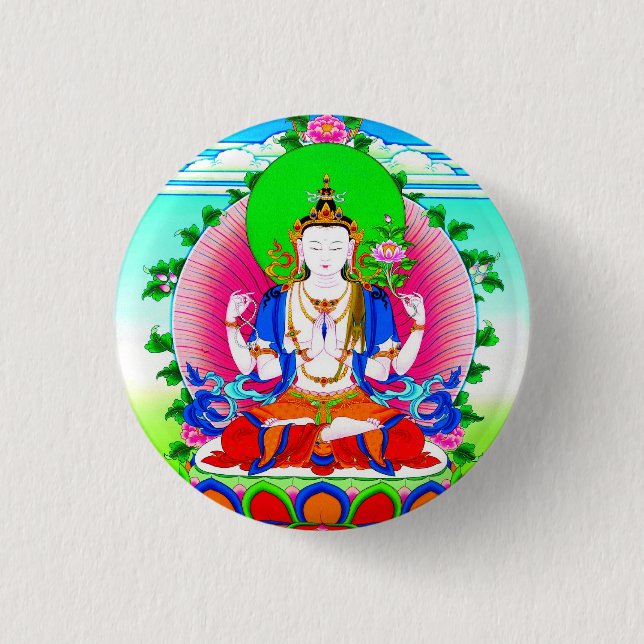 Badge Rond 2,50 Cm Thangka tibétain frais Shadakshari Avalokiteshvara (Devant)