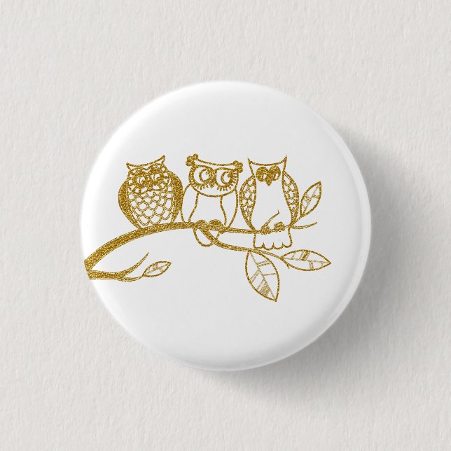 Badge Rond 2,50 Cm Three Owl Babies en or Glitter Button (Devant)