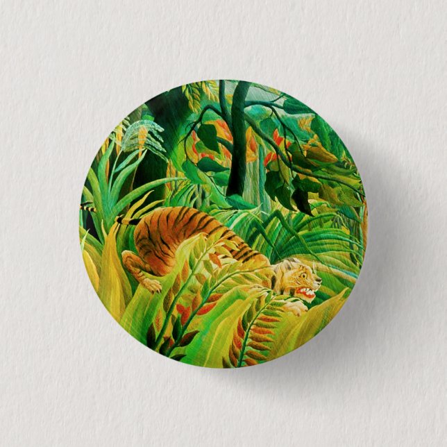 Badge Rond 2,50 Cm Tigre de Henri Rousseau dans un bouton tropical de (Devant)