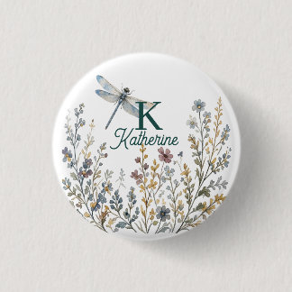 Badge Rond 2,50 Cm Toile botanique fleur sauvage libellule monogramme