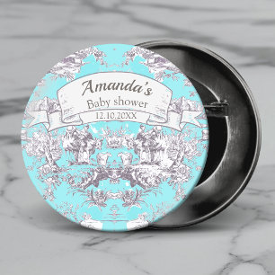 Badge Rond 2,50 Cm Toile de Jouy florale vintage bleu aqua monogramme