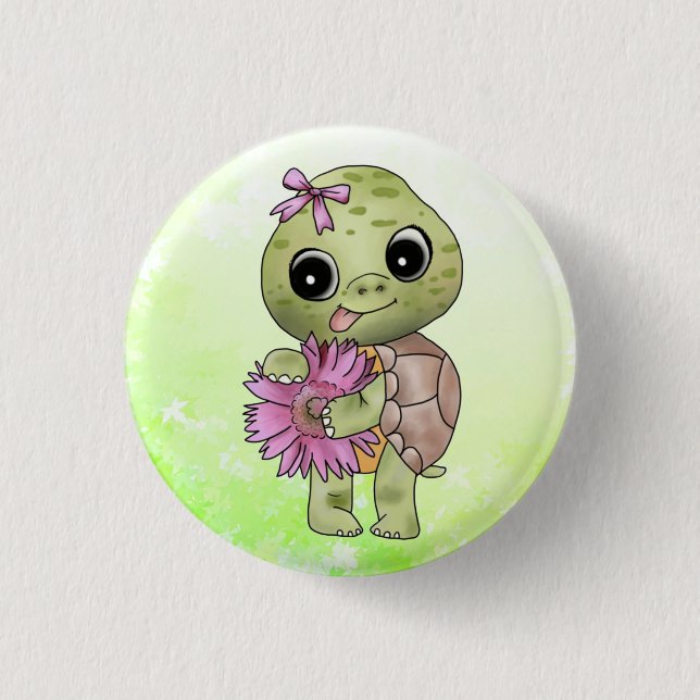 Badge Rond 2,50 Cm Tortue avec fleur (Devant)
