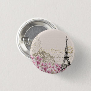 Badge Rond 2,50 Cm Tour Eiffel Paris Carré Rose Vintage Art
