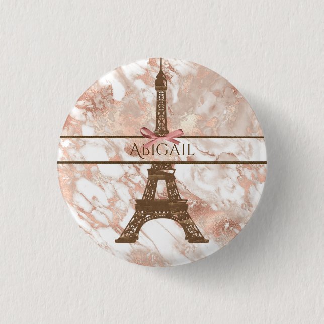 Badge Rond 2,50 Cm Tour Eiffel personnalisée Blanc, marbre or Rose (Devant)