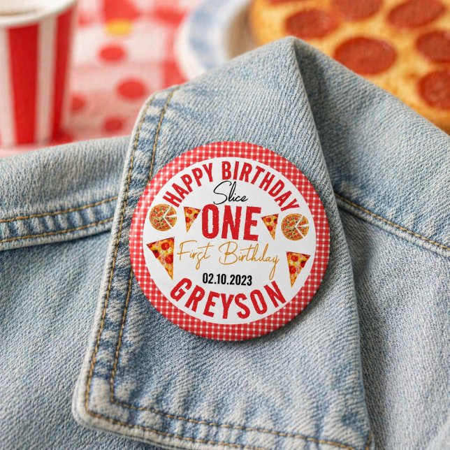 Badge Rond 2,50 Cm Tranches Modernes Tranches Bébé Pizza 1er Annivers (Modern Slice Slice Baby Pizza 1st Birthday Button)