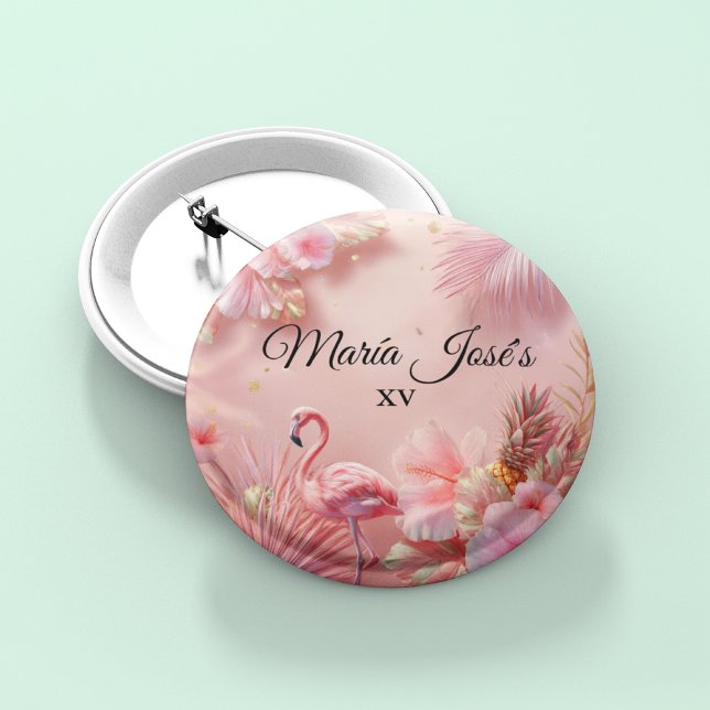 Badge Rond 2,50 Cm Tropical Flamingo Quinceañera, custom (Créateur téléchargé)