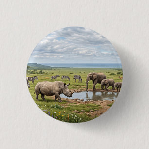 Badge Rond 2,50 Cm Troupeau de Rhinocéros dans l'Elargissement de Pho