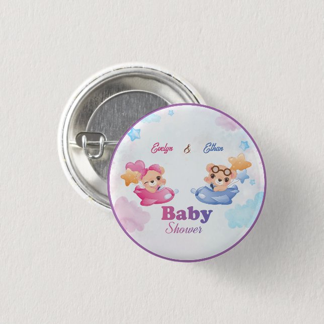 Badge Rond 2,50 Cm Twins Girl Boy Bear Baby shower d'avion (Devant & derrière)