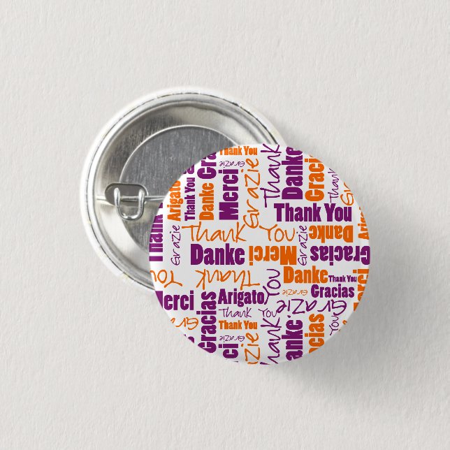 Badge Rond 2,50 Cm Typographie du "Merci" violet et orange (Devant & derrière)