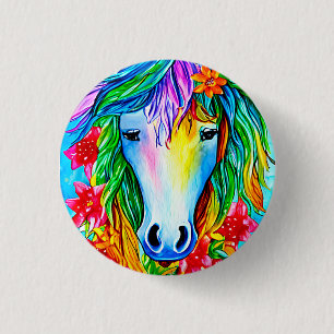 Badge Rond 2,50 Cm Unicorne Abstraite Fleurs de visage aquarelle Art