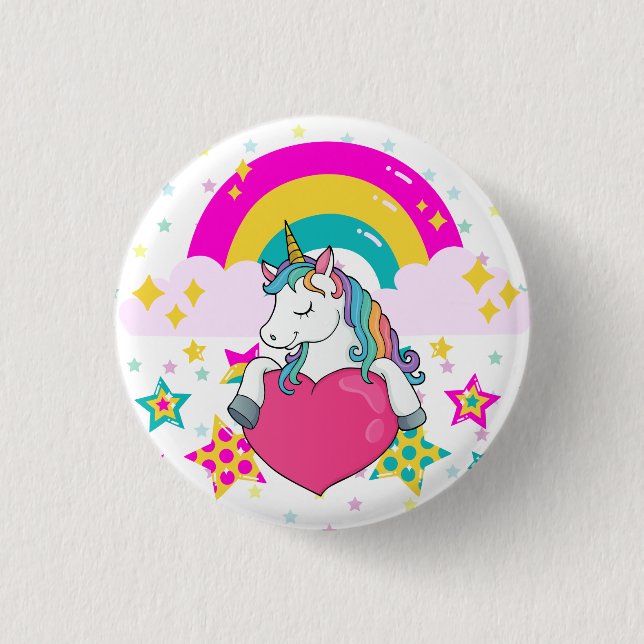 Badge Rond 2,50 Cm Unicorne arc-en-ciel avec étoiles (Devant)