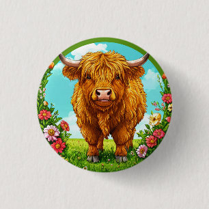 Badge Rond 2,50 Cm Vache des Highlands dans une scène de pâturage déc