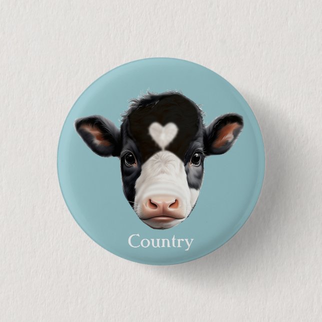 Badge Rond 2,50 Cm Vache noire et blanche face sur bleu clair (Devant)