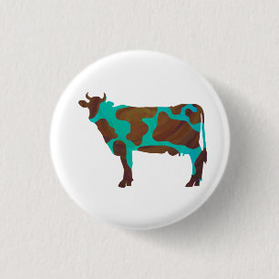 Badge Rond 2,50 Cm Vache Silhouette Brown et Turquoise