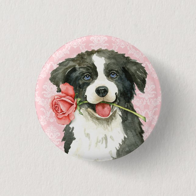 Badge Rond 2,50 Cm Valentine border collie rose (Devant)
