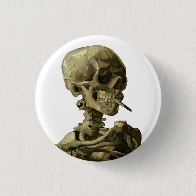 Badge Rond 2,50 Cm Van Gogh, squelette avec une cigarette allumée (Devant)