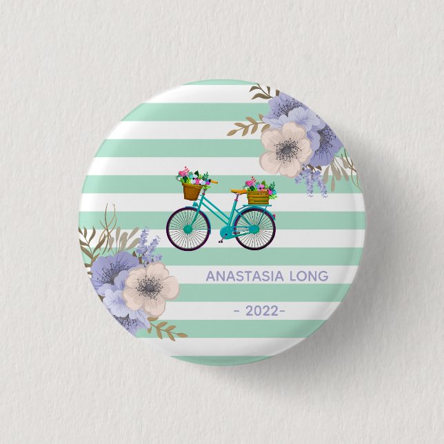 Badge Rond 2,50 Cm Vélos Fleurs Bleues Modernes (Devant)