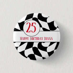 Badge Rond 2,50 Cm vérificateur ondulé noir et blanc, plaques de papi