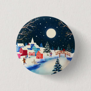 Badge Rond 2,50 Cm Village de neige bleu d'hiver