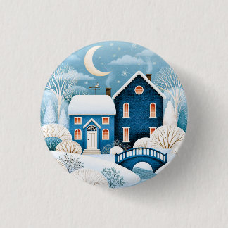 Badge Rond 2,50 Cm Village d'hiver cosy Cottage enneigé sous la Lune