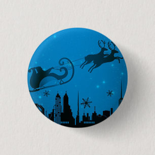 Badge Rond 2,50 Cm Ville Bleue avec le Père Noël et Reindeer