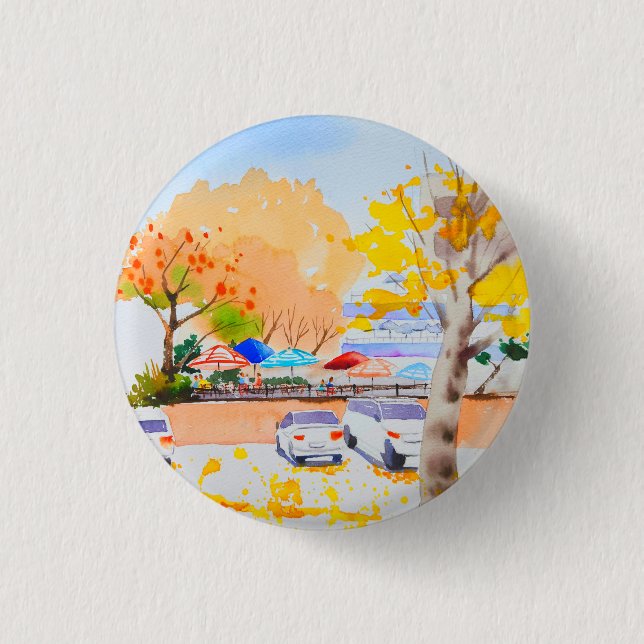 Badge Rond 2,50 Cm Ville paysage automne aquarelle (Devant)