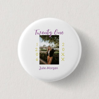 Badge Rond 2,50 Cm vingt et un ans photo anniversaire rose violet fil