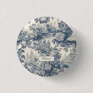 Badge Rond 2,50 Cm Vintage chic floral Bleu toile de jouy monogramme