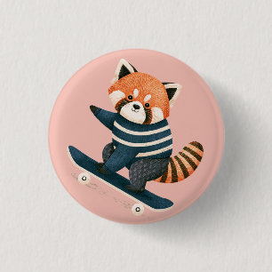 Badge Rond 2,50 Cm Vintage Panda Roux Mignon Faisant du Skateboard