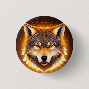 Badge Rond 2,50 Cm Visage de Loup Radieux Illuminé par une Lumière Do